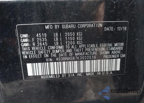 2019 Subaru Legacy 2.5I Sport z USA, uszkodzony, nr VIN 4S3BNAS67K3022516